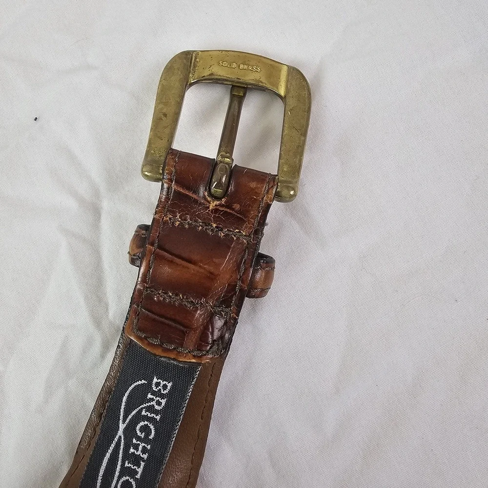 Brighton 33502 Belt Size 40 Woven Stretch Brown Leather Croc Trim Brass Buckle